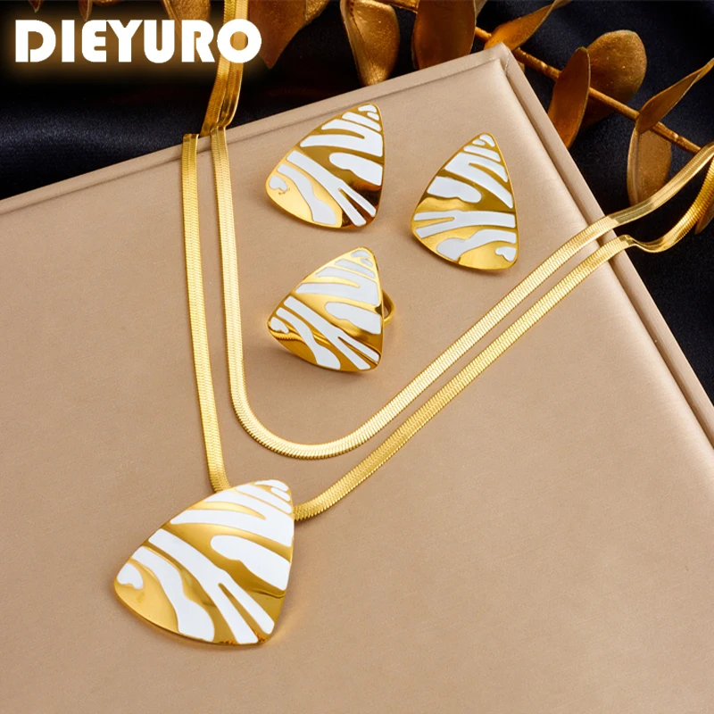 DIEYURO 316L Stainless Steel White Tiger Stripe Necklace Earrings Ring Suit For Women Girls New Party Gift Fashion Jewelry Set