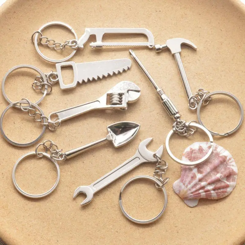 1/9Pcs Creative Metal Tool Keychain Mini Wrench Hammer Saw Screwdriver Key Ring Pendant Car Keychain Accessories Gift