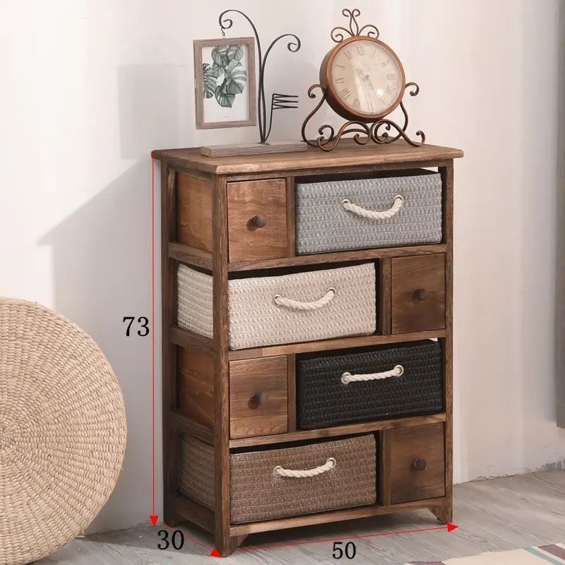 

Solid wood bedside table simple bedroom bedside table retro storage locker bucket cabinet pastoral rattan locker