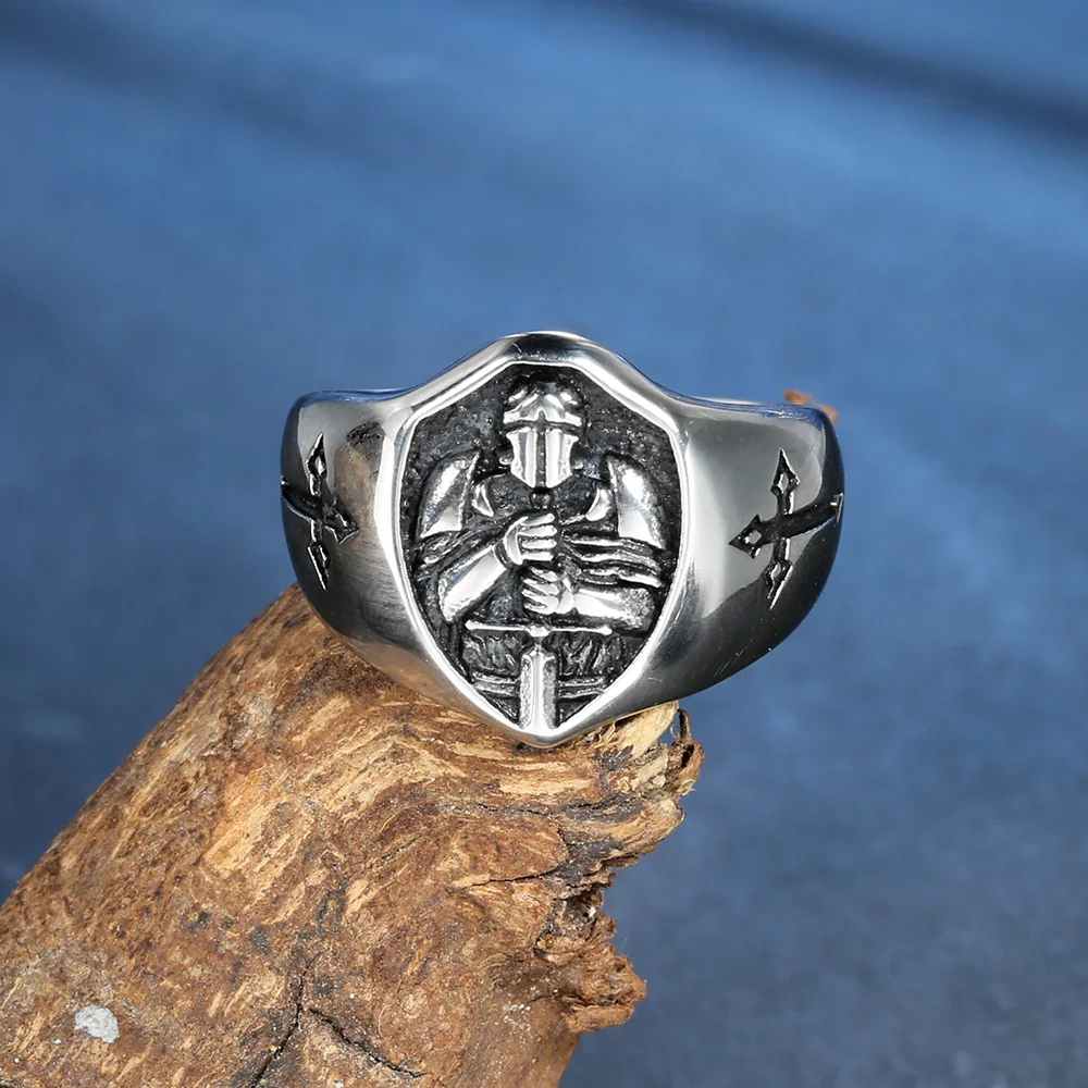 Men\'s Rings Stainless Steel Red Armor Shield Knight Templar Crusader Cross Ring Punk Jewelry