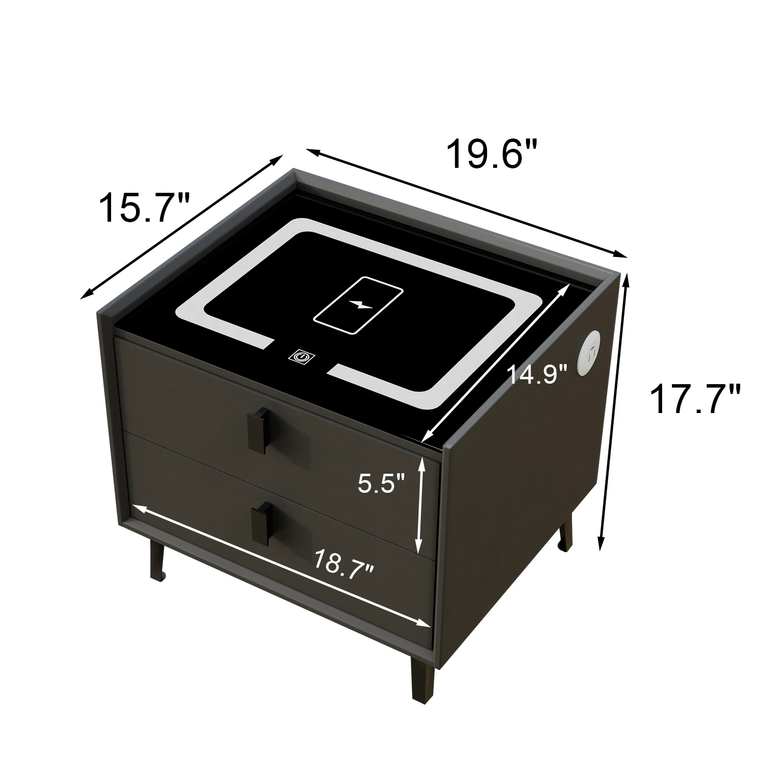 Nightstand with Wireless Charging Station and LED Light, Modern Glass Top Bedside Table with 2 Drawers, Smart Nightstand with USB Ports, Smart Night Stand for Bedroom Living Room