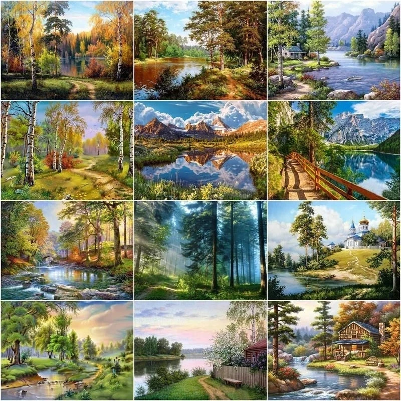 

CHENISTORY Paint By Numbers Landscapes Acrylic Drawing Canvas Oil Painting By Numbers Trees And Mountains Scenery For Adults Hom