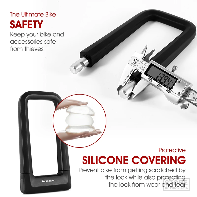 WEST BIKING Anti-theft Bicycle U Lock Safety MTB Road Bike Wheel Cable Lock Motorcycle Scooter Cycling Lock Bicycle Accessories