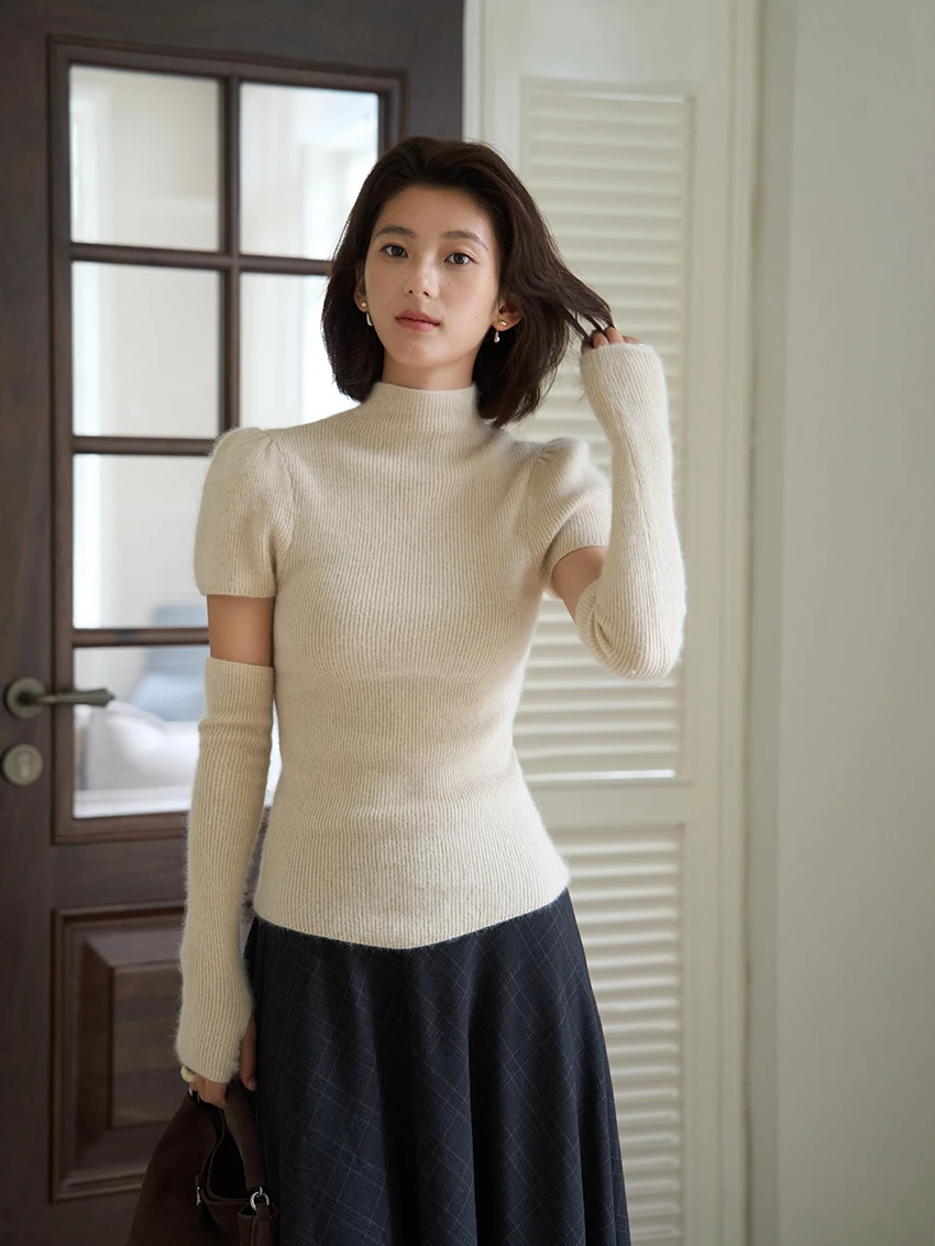 

Облегающий вязаный свитер с высоким воротником и рукавами-фонариками из кроличьего флиса, модная внутренняя одежда для женщин