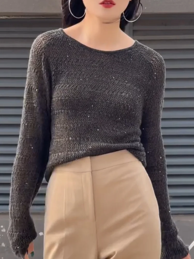 

Korean Sle round Ne Sequin Sweater Faionable Slimming Top Large Size Autumn New Arrival Commute Loose Fit Long Sve