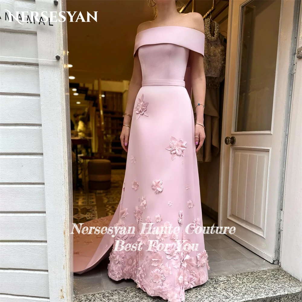 Nersesyan Pink Lace Elegant Formal Evening Dresses 3D Flowers Off Shoulder A-Line Prom Dress Occasional Celebrity Party Gowns