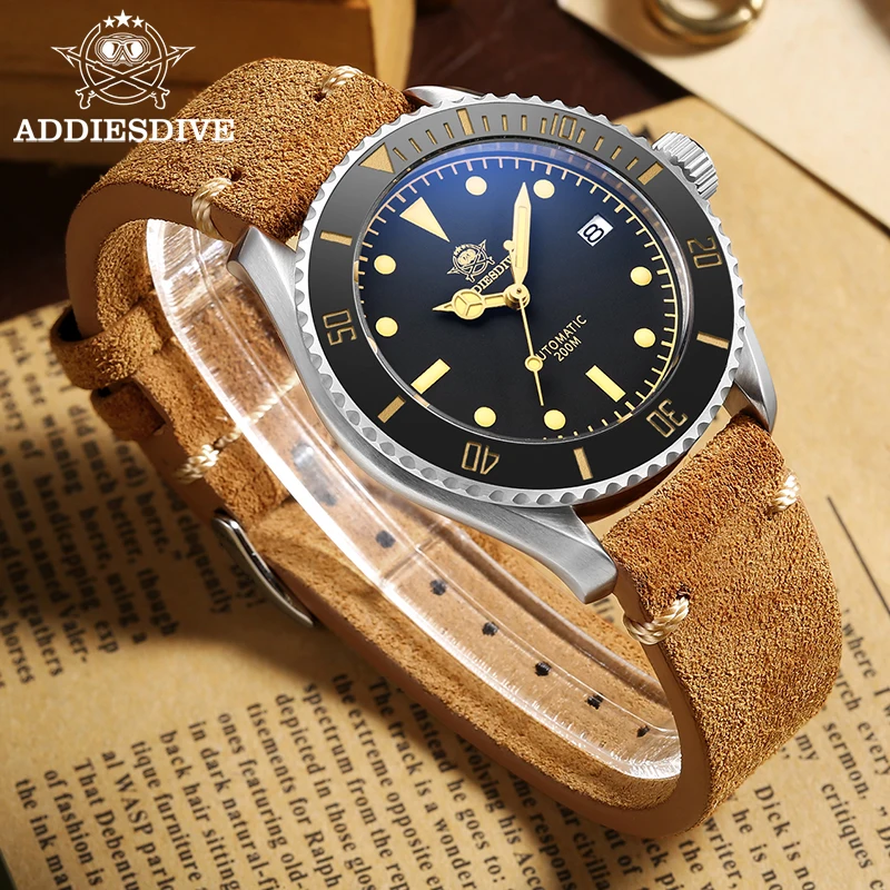 

ADDIESDIVE Men Watch Business Vintage Leather C3 Super Luminous 20Bar Waterproof Sapphire Glass Automatic Mechanical Steel Watch