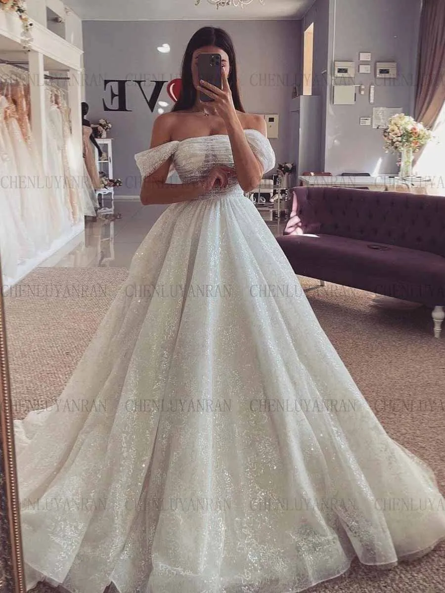 

Exquisite Tulle Wedding Dresses For Women Off-Shoulder Long Wedding Dress A-Line Glitter Dresses For Women فستان حفلات الزفاف