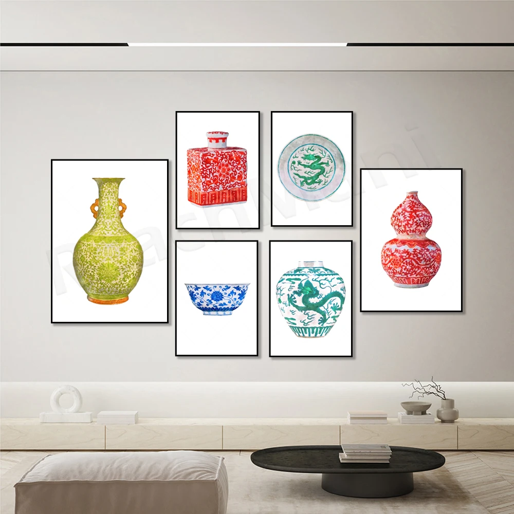Jarrón de estilo chino de doble felicidad verde, jarrón rojo de jengibre, cuenco de porcelana, póster de acuarela oriental azul y blanco estilo Hampton