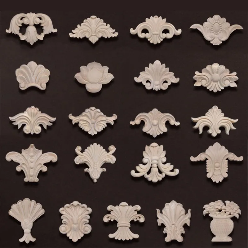 Unpainted Wood Carved Decal Corner Onlay Wood Decoration Floral for Furniture Orietal Bend Appliques Home Decor Wood Figurines