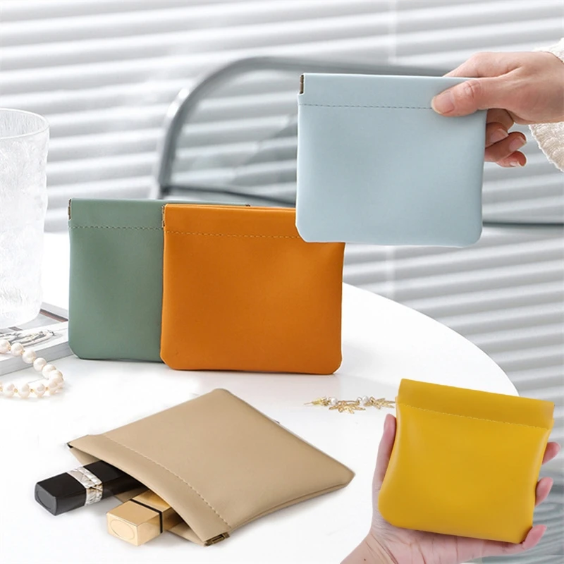 Leather Women Coin Purse Automatic Close Metal Shrapnel Mini Storage Bag Portable Lipstick Earbuds Card Key USB Solid Bag