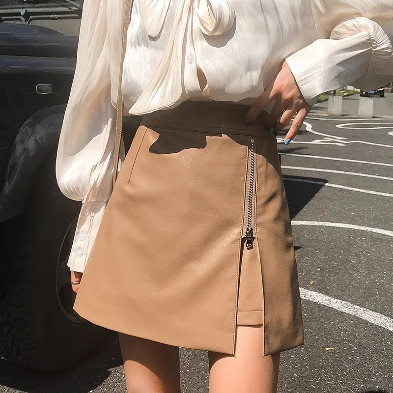 Autumn Winter Season Pu Leather Women Half Skirt High Waist Slim Fashion A- crotch Trendy Short Skirt Casual Style Korean Style