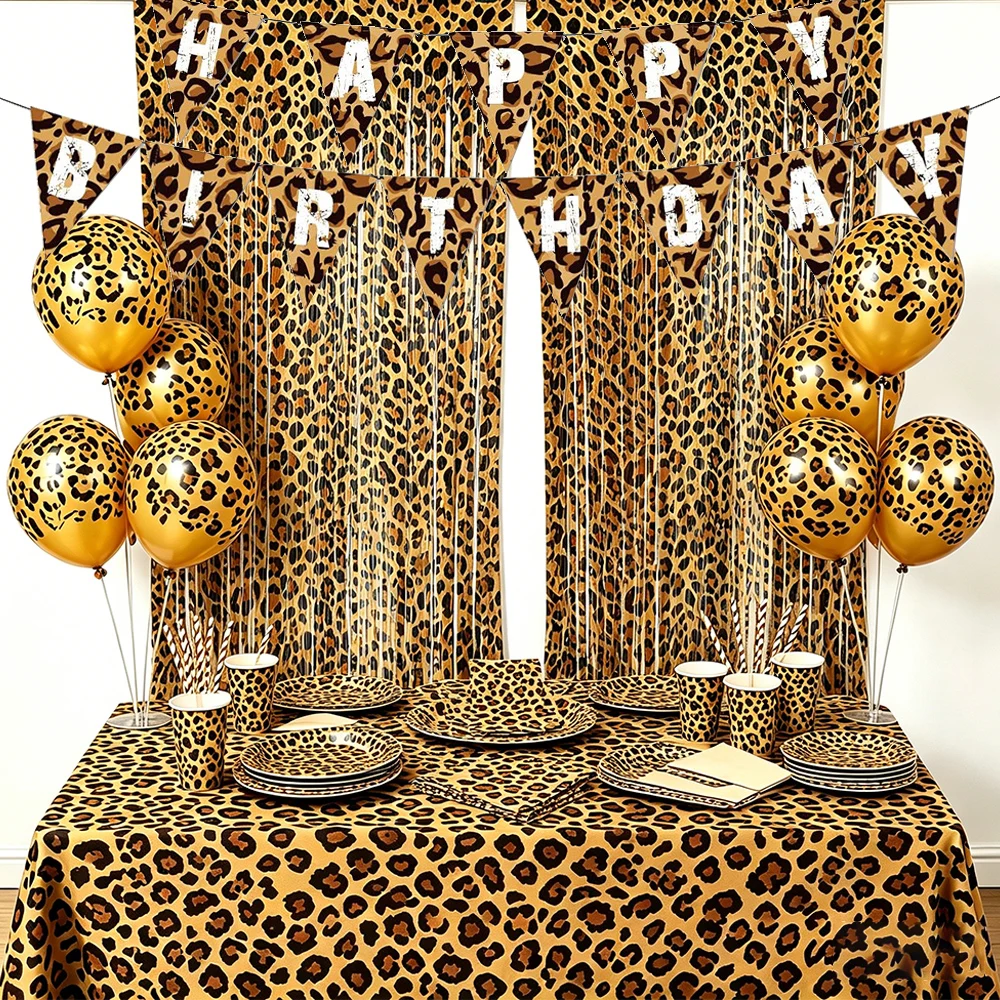 Image of Leopardenmuster Partyzubehör Gepardenmuster Folien-Fransenvorhänge Banner Luftballons Einweggeschirr Geparden-Geburtstagsdekoration