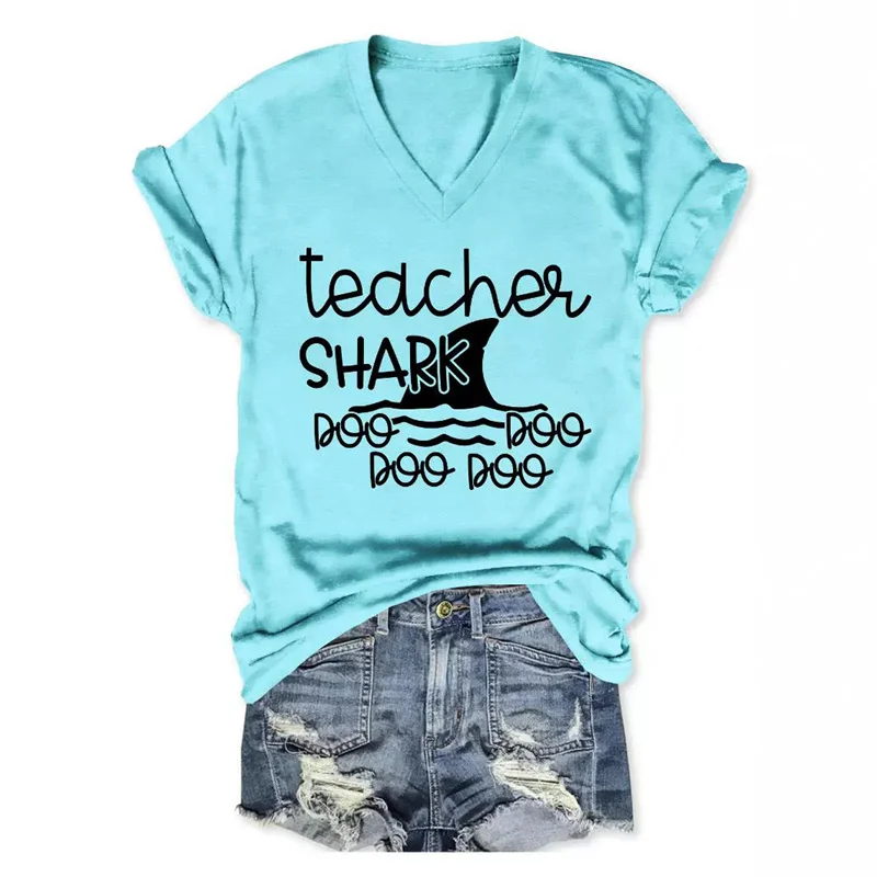 New fashion summer women's cotton teacher shark boo Shark print cute retro V-neck T-shirt short sleeve