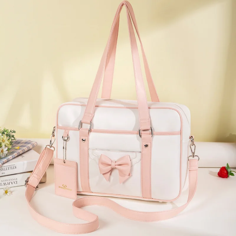 Kawaii Bow JK Uniform Shoulder Bag for Women Student School Bag Sweet Lolita Ladies Messenger Bag Cute Girl Totes Pu Leather