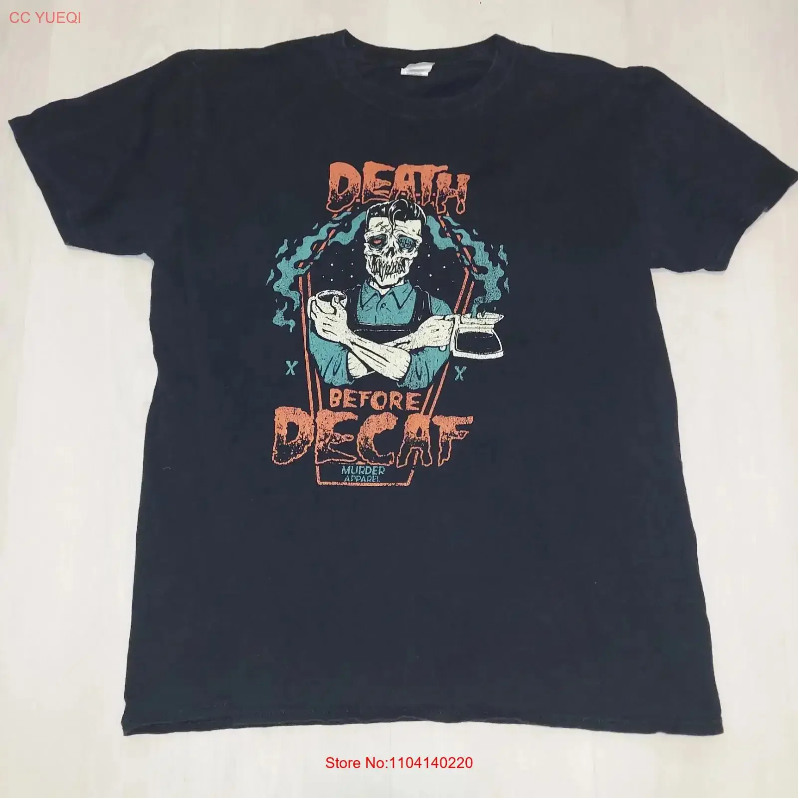 Death Before Decaf Coffee Murder Apparel Gilden Tag Black T Shirt Size Large vintage Washed Breathable Comfortable Soft
