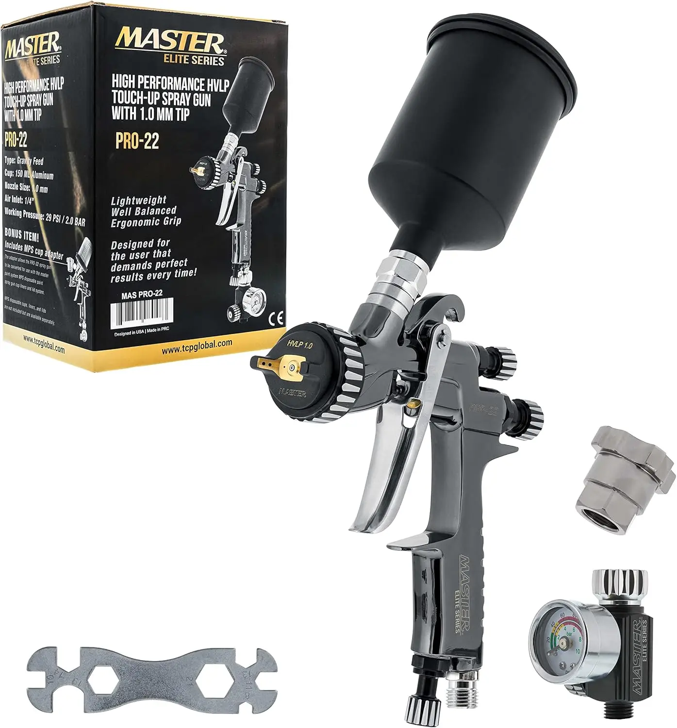 Master Elite High-Performance Pro-22 Series Hvlp Touch Up Spray Gun With 1.0Mm Tip And Air Pressure Regulator Gauge - Detail