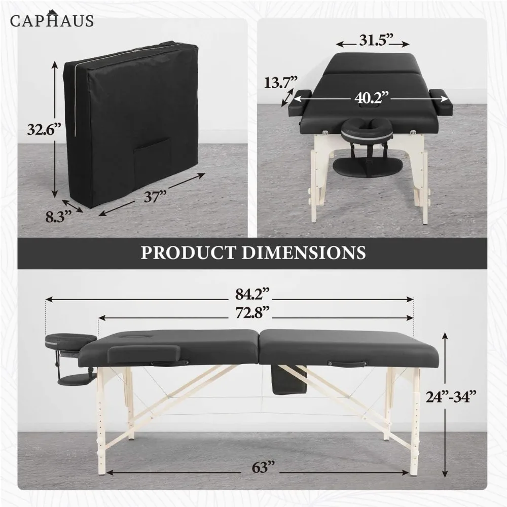 เตียงนวดพับได้ CAPHAUS พรีเมียม ขนาด 84 นิ้ว ปรับระดับความสูงได้ เหมาะสำหรับร้านเสริมสวยและทำทรีทเมนต์ผิวหน้า ทำจากไม้