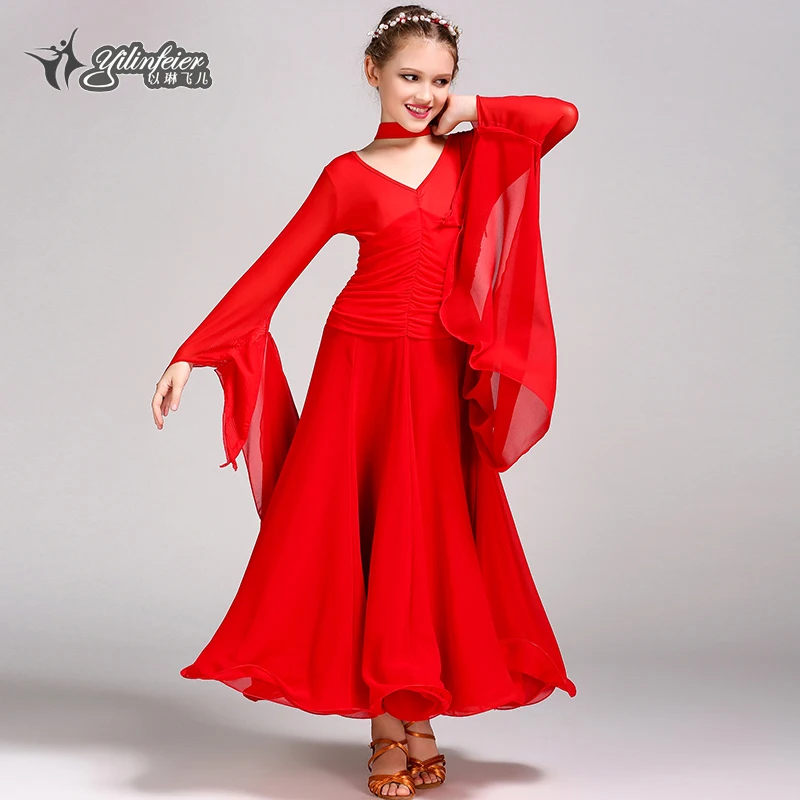 

Long-sleeved Ballroom New Children's Waltz Dance Dress Latin Competition Kids