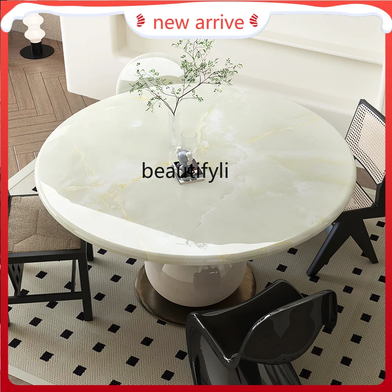 

Natural white ice jade dining table light luxury marble round with turntable household cream wind round table G1218