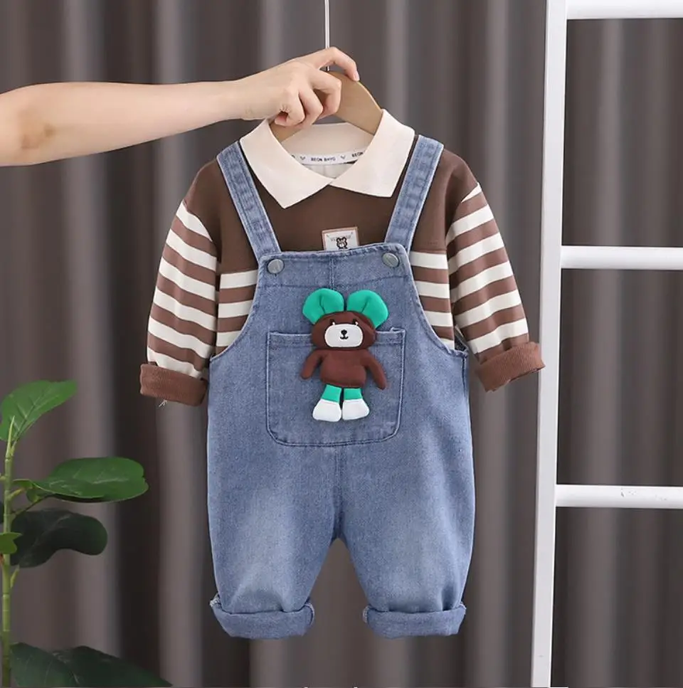 

Fall Infant Baby Clothes 6 To 18 Months Boys Outfits Sets Stripe Turn-down Collar Long Sleeve T-shirts+Bear Overalls Kids Suits