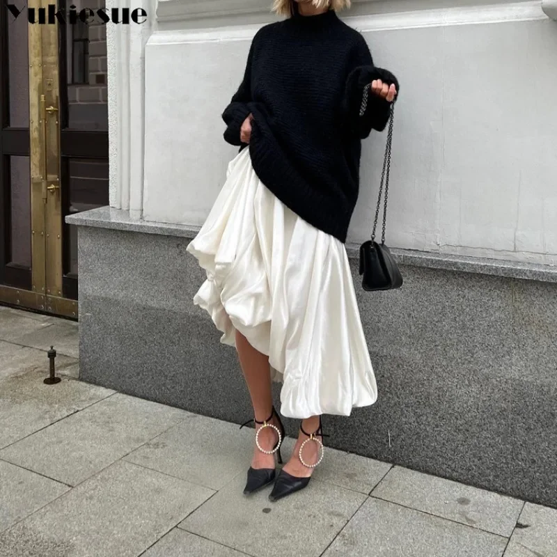 Women Balloon Skirt Long 2023 Summer New Fashion Casual Elegant Satin Vintage Loose High Waist A-line Maxi Skirt Office Lady