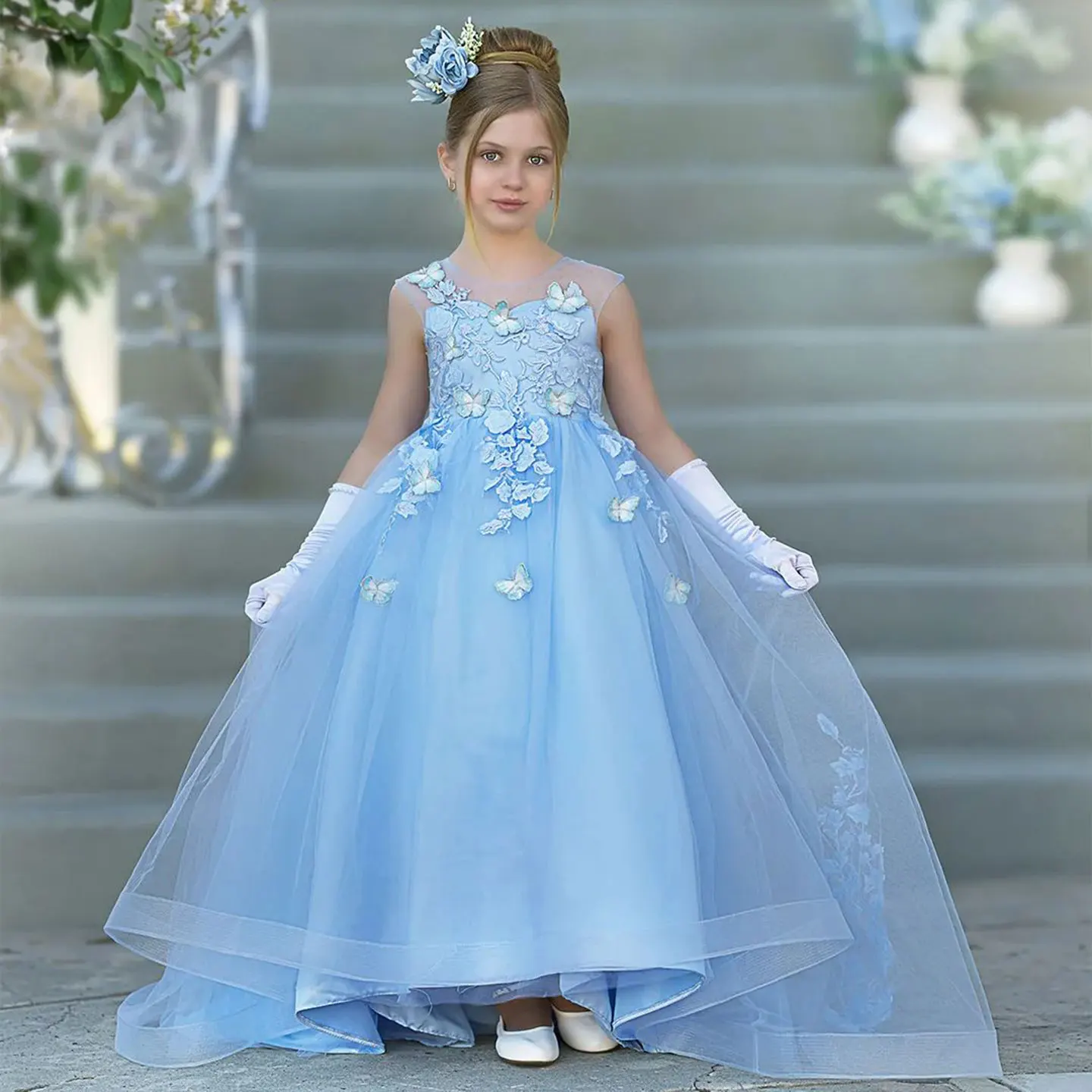 Jill Wish Elegant Blue Girl Dress with Butterfly Long Kids Princess Birthday Wedding Party First Communion Ball Gown J021