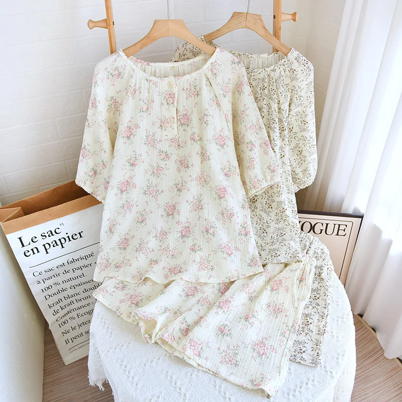 Summer Cotton Crepe Round Neck Short Sleeved Shorts Two-piece Pajama Set Loose Breathable Printed Home Clothing Women Sleepwear