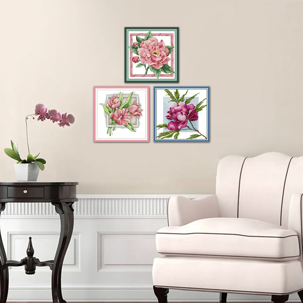 Joy Sunday Kapok Tulip Peony In Full Bloom Cross Stitch Kit, Counted Stamped Thicken Canvas Cross Stitch, H938, HA020, HA112