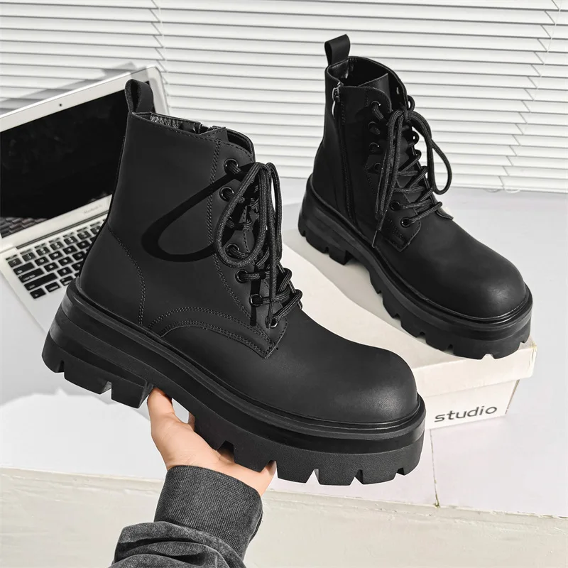 Height Increasing Black Vintage British Men Shoes Autumn Winter Men Ankle Boots Outdoor Work Military Boots  Motorcycle Boots