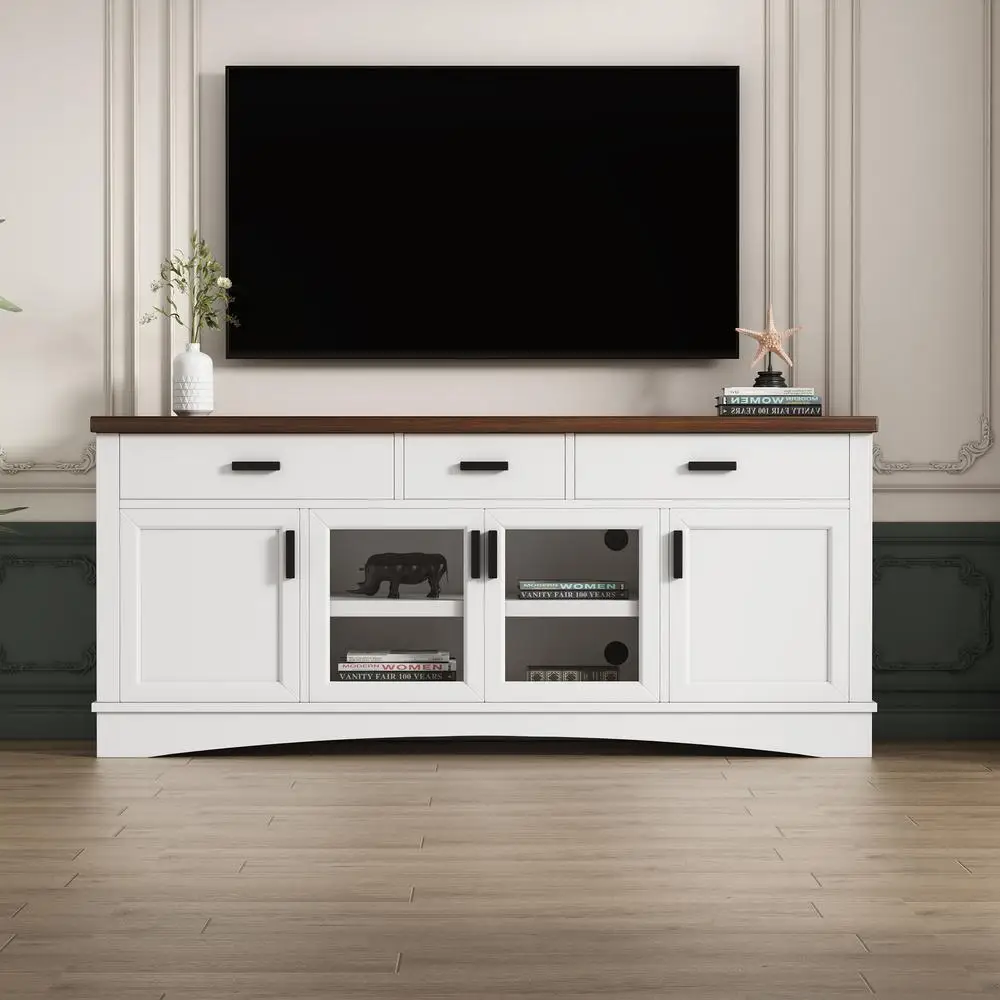 

Modern White TV Console 67 Inch TV Stand with Walnut Top Glass Doors Storage Drawers Adjustable Shelves for Living Room