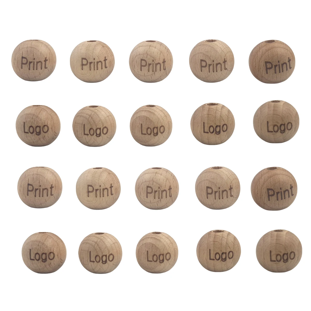 14mm Beech Wooden Round Bead Customize Laser Print Logo Pattern Digit Letter Alphabet Round Natural engrave Wood Beads Teethers