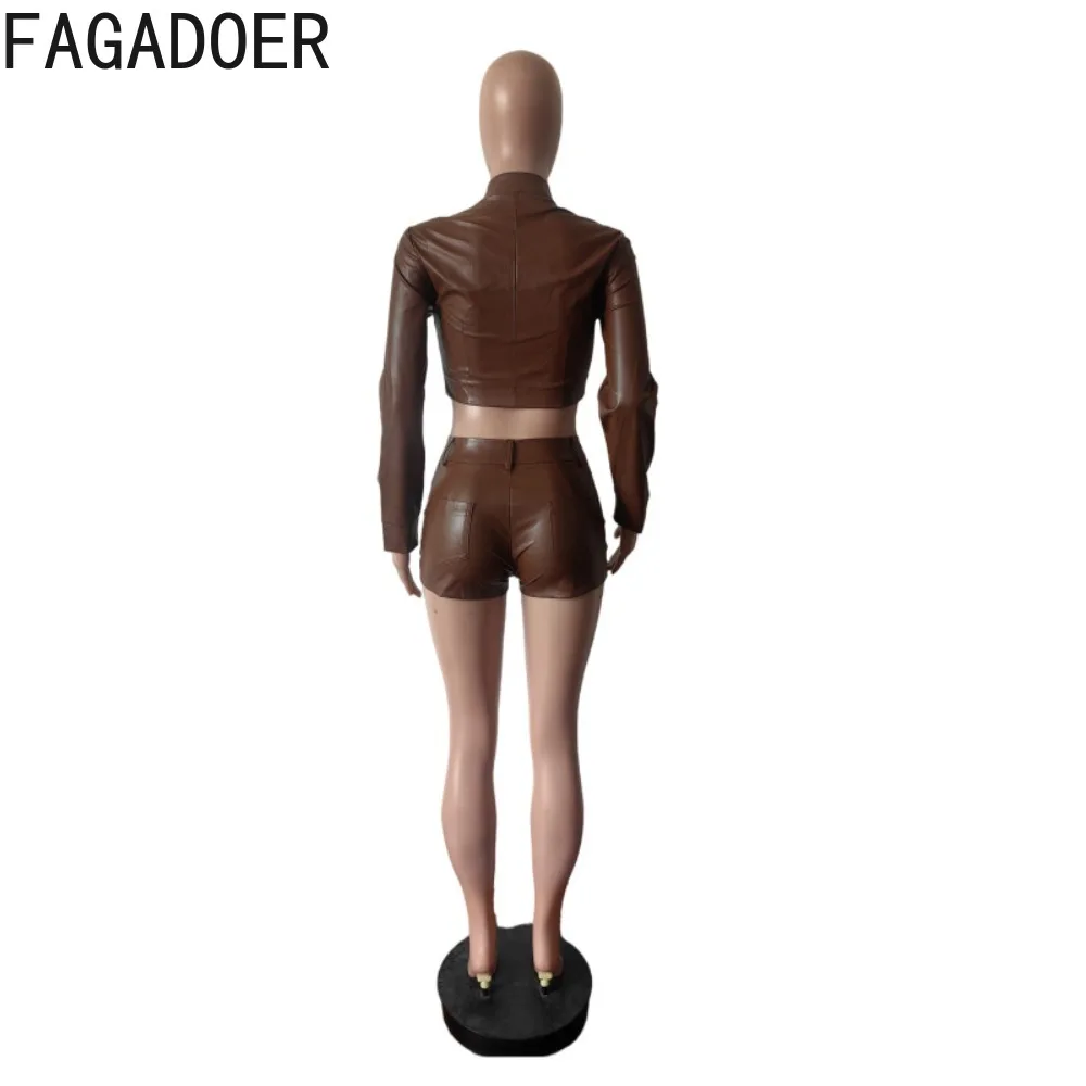 ملابس نسائية مكونة من قطعتين من الجلد على الموضة من FAGADOER بسحاب متين وأكمام طويلة + شورت قصير ملابس خروج نسائية متطابقة