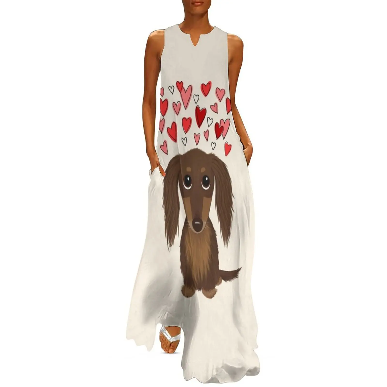 

Hearts Dog Longhaired Chocolate Dachshund Cartoon Dog with Valentine Hearts Long Dress