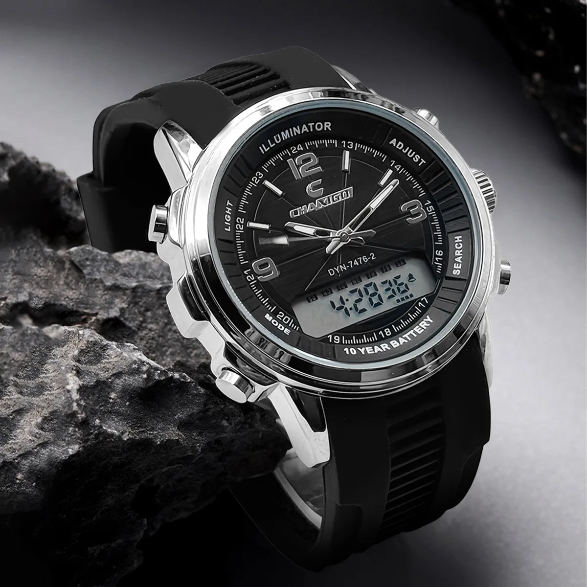 CHAXIGO 7476 Brand Fashionable Electronic Dual Display Men's Watch Waterproof Night Light Casual Silicone Strap Watches for Man