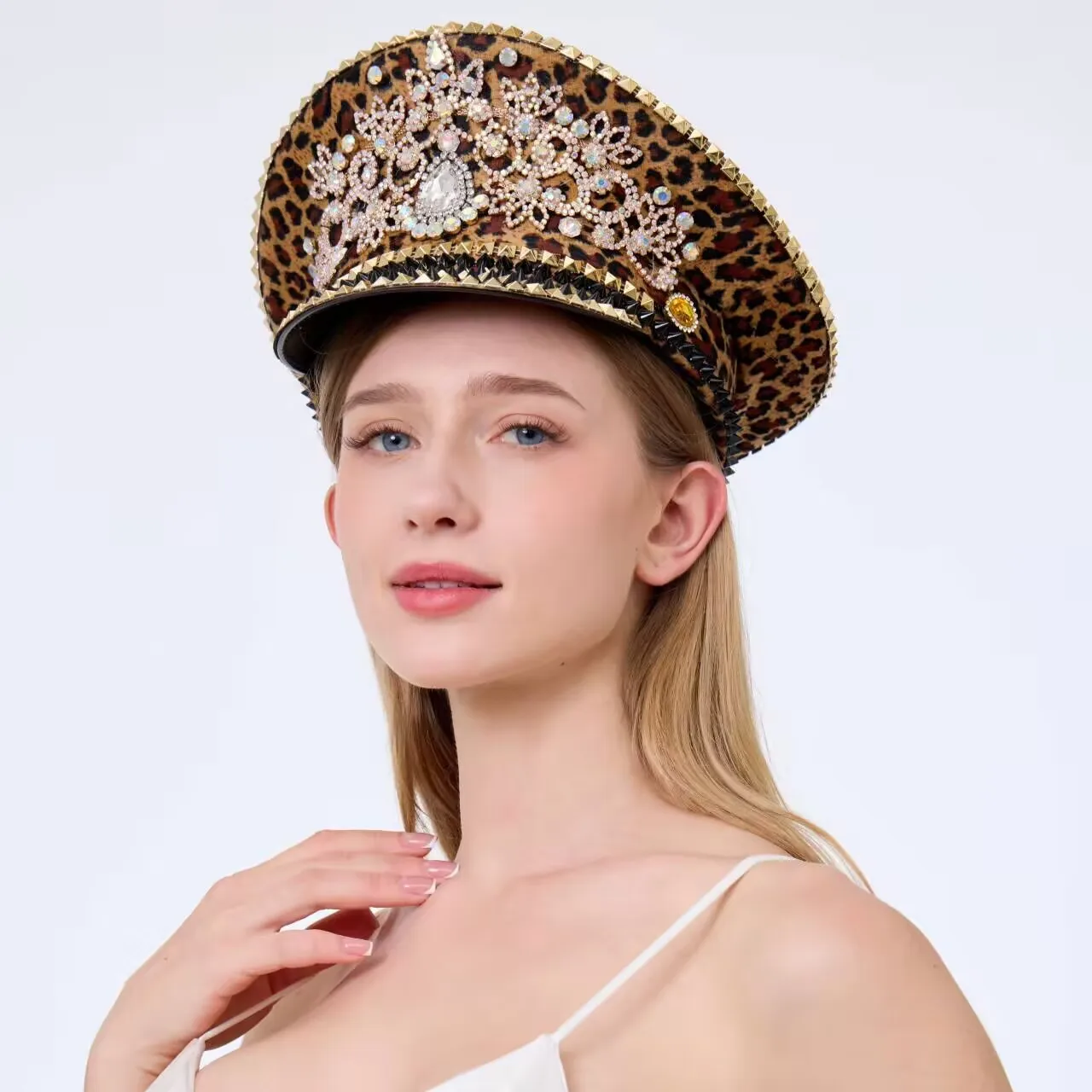 

HongLuan блестящая леопардовая шляпа капитана в стиле стимпанк со стразами для женского фестиваля Burning Man, винтажные военные аксессуары и кепка для мужчин