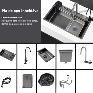 Spülbecken -Kit mit Siphon, Edelstahl, schwarzer flexibler Wasserhahn, Glasscheibe, Gourmetbecher, 75x45x20 cm Hauptverkaufsspülmaschine - №5