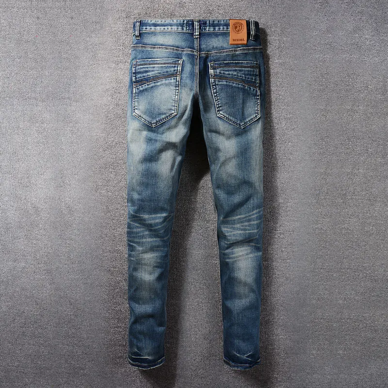 Fashion Designer Men Jeans High Quality Retro Washed Blue Stretch Slim Fit Ripped Jeans Men Italian Style Vintage Denim Pants