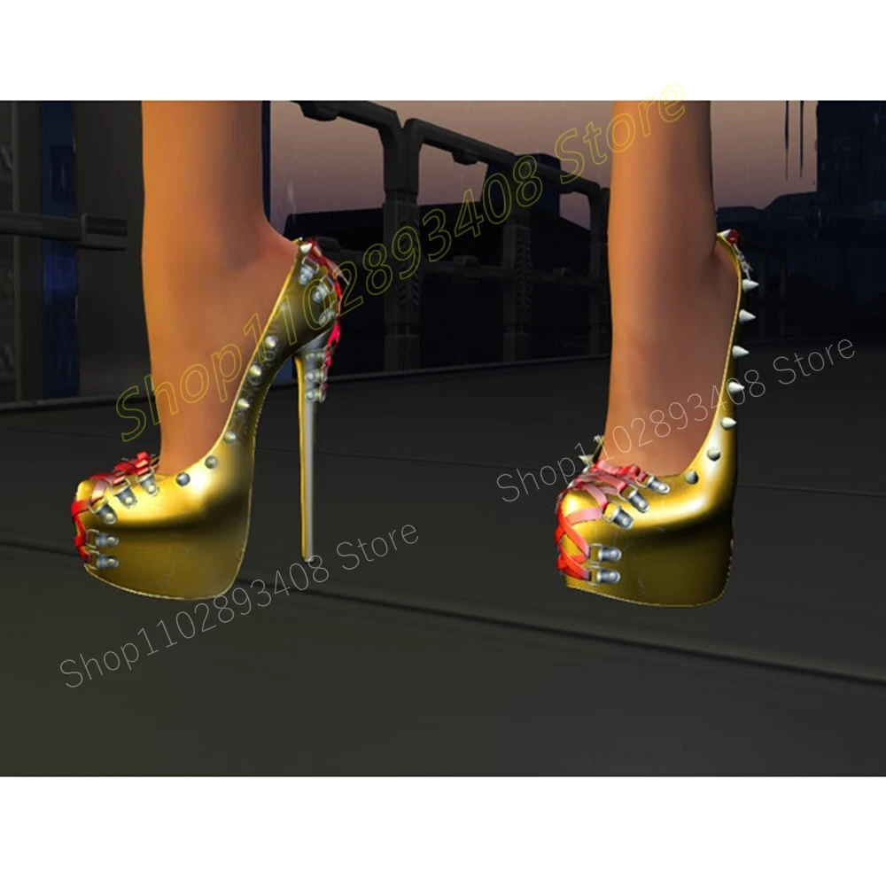 

Gold Round Rivets Buckle Strap Shallow Pumps Platform Peep Toe Stiletto High Heel Sexy Women Shoes 2024 New Zapatos Para Mujere