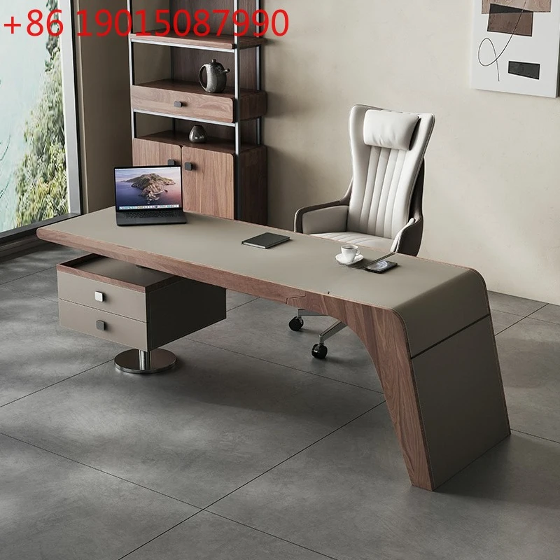 

Retro style high-end study office computer desk Italian minimalist solid wood special-shaped saddle leather desk