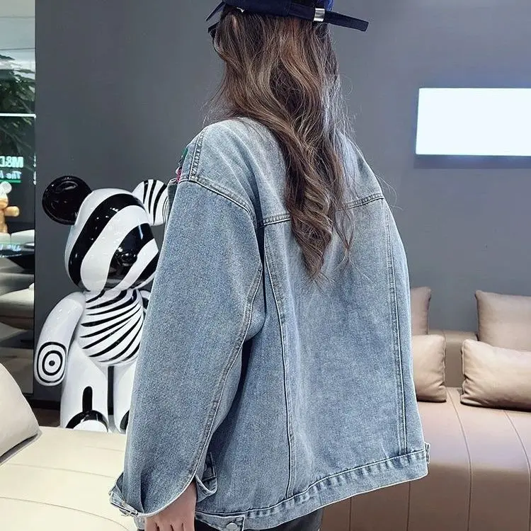 Fashion Embroidery Patches Denim Jacket Coat Women Harajuku Streetwear Hip Hop Trend Loose Jean Jackets Outerwear