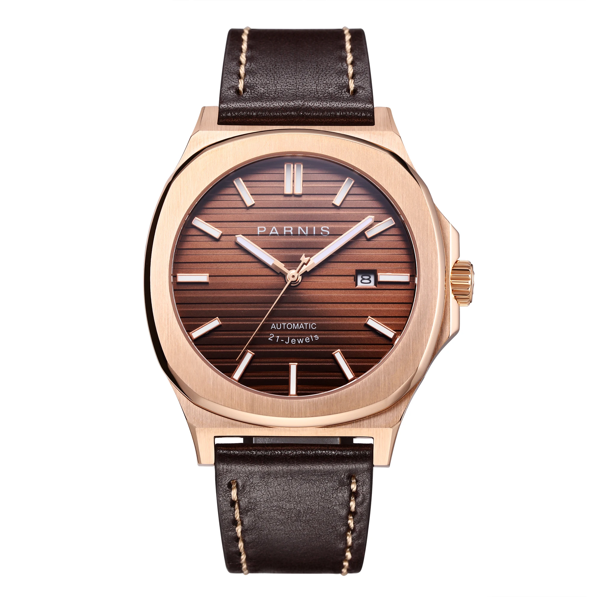 

New Parnis 42MM Rose Gold Case Mechanical Automatic Men Watches Brown Leather Strap Sapphire Glass Men's Watch reloj hombre 2024