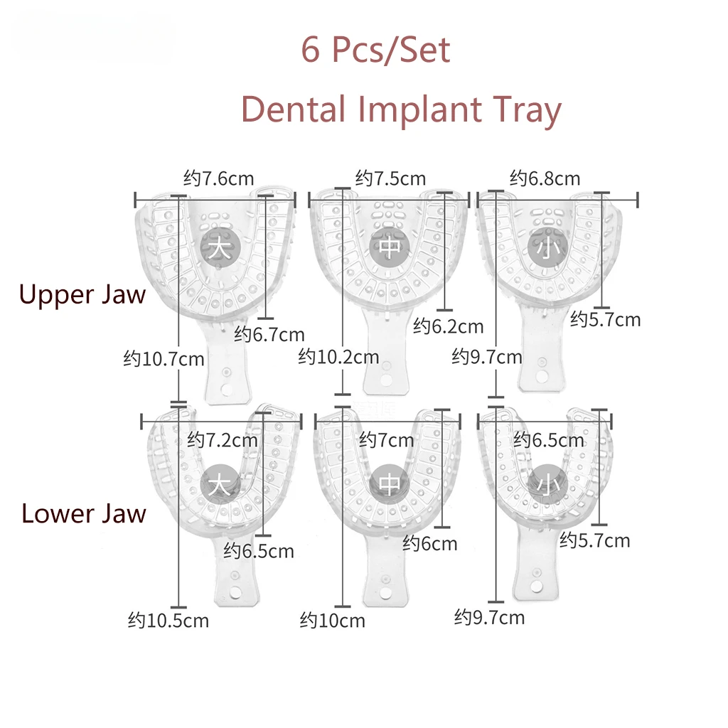 Bandeja de implante dentário de plástico transparente, molde parcial, removível, autoclavável, higiene bucal, ferramentas para suporte dos dentes, 6pcs por conjunto