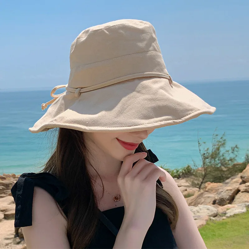 Summer New Women Bucket Hat Solid Color Bows Soft Cotton Outdoor Sun Hats Beach Panama Caps Wide Brim Fishermen Hats