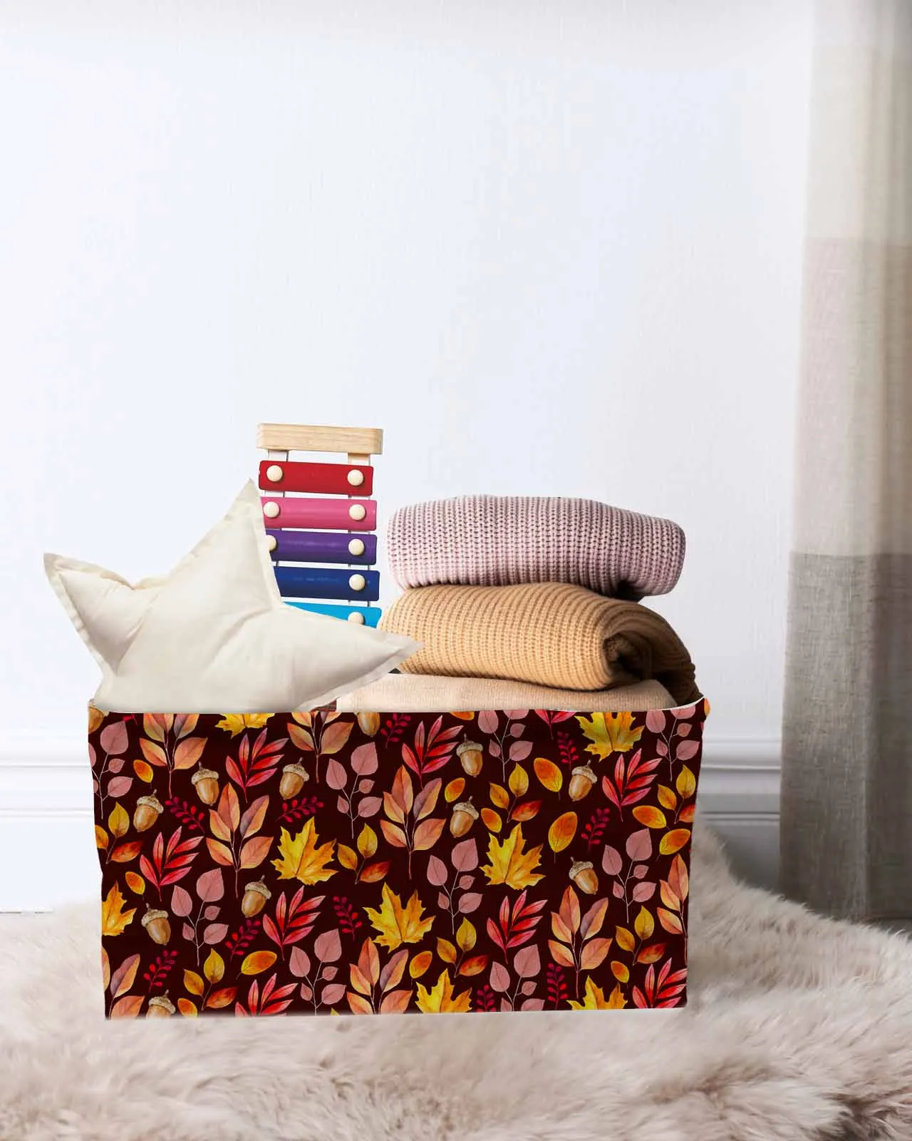 

Autumn Plants Maple Leaves Basket Clothes Folding Storage Box For Nursery Underwear Toy Organizer Laundry Basket With Handle