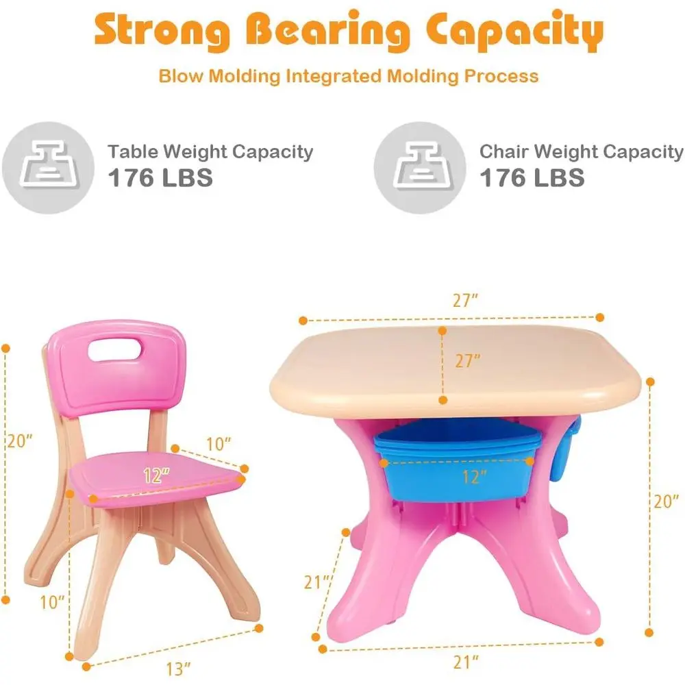 3-Piece Pink Toddler Activity Table Set with Storage Bins and Chairs for Play and Learning