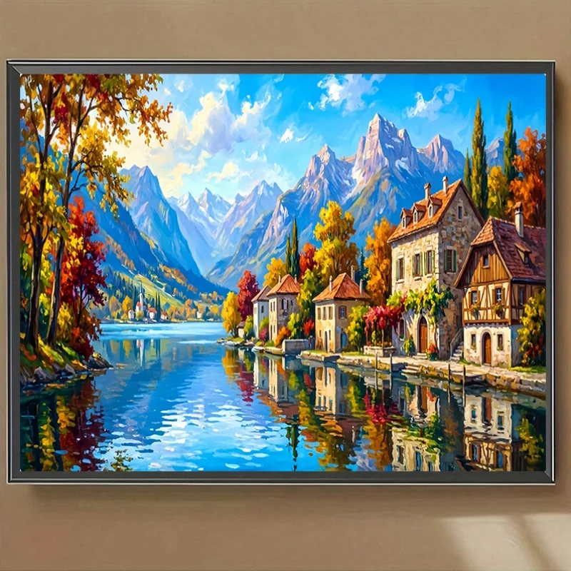 500/1000/1200/2000 Teile Puzzle für Erwachsene Herbstliche Seeufer-Bergstadt, Puzzle-Gehirntraining-Spiel Geschenk Heimdekoration