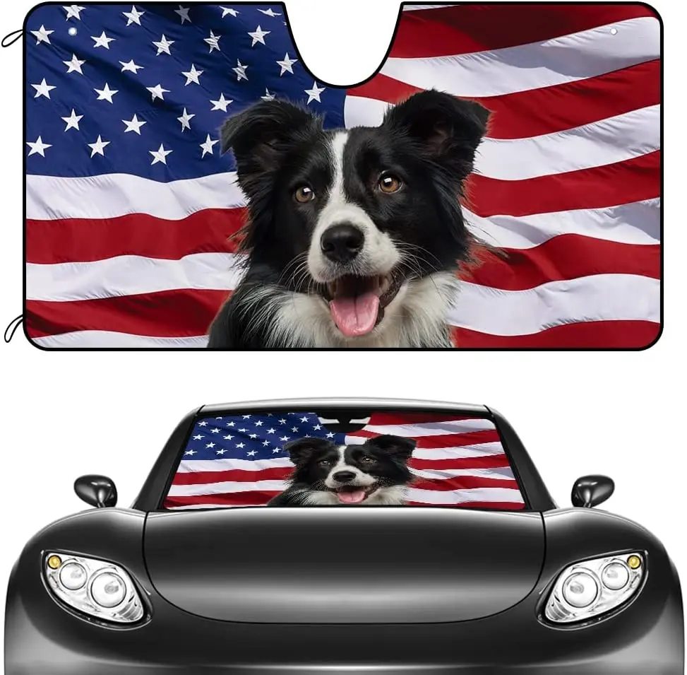 

Dog Car Windshield Sunshade A Cute Border Collie Dog with American US Flag Decor Vehicle Front Windshield Sunshade UV Ray Reflec