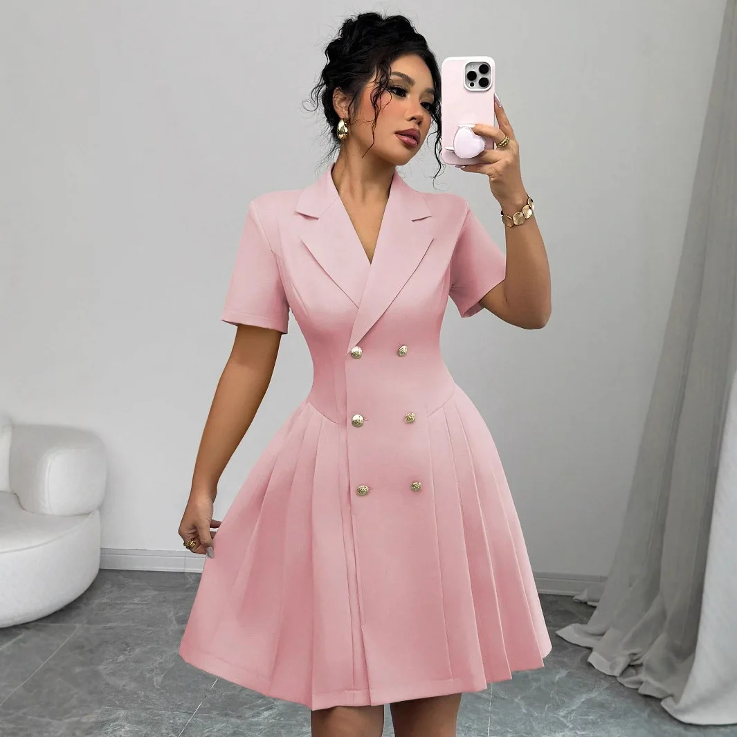

Summer New Women's Mini Midi Dress Solid Color Short Sleeved Waist V-neck Cinched Double Breasted With Lapel Commuting Dress