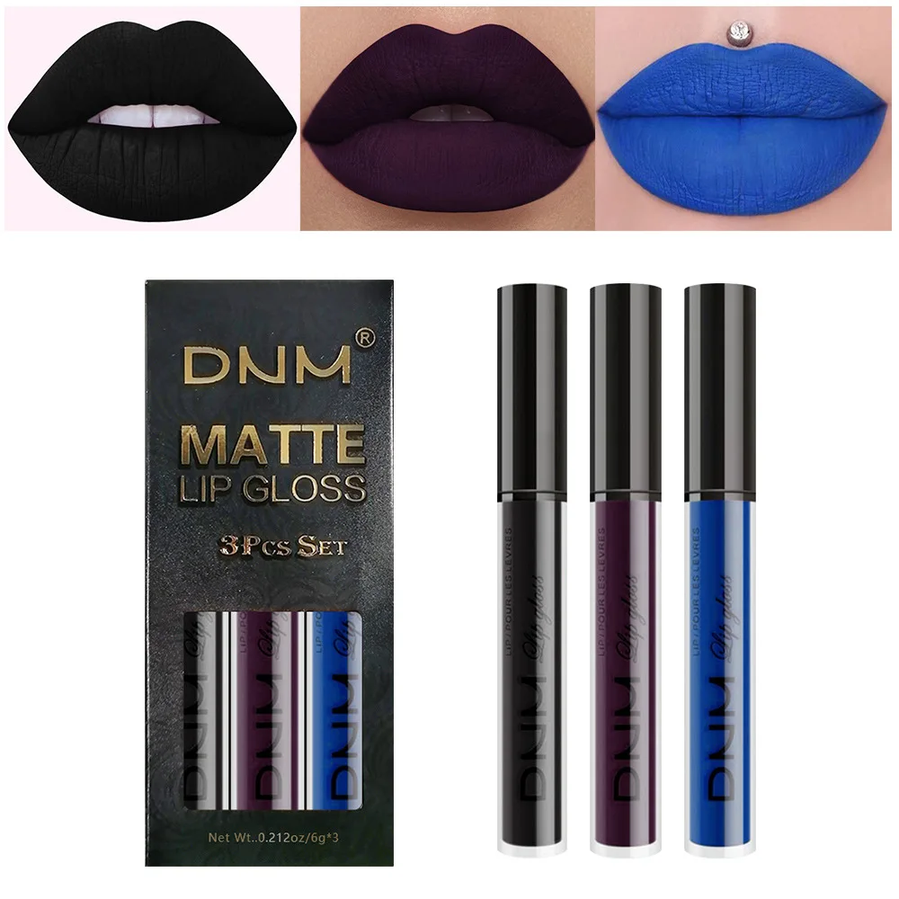 DNM 3 Pcs/set Matte Lip Gloss Waterproof Long Lasting Non-stick Cup Lipstick Black Blue Metal Glitter Lip Makeup for Women Party